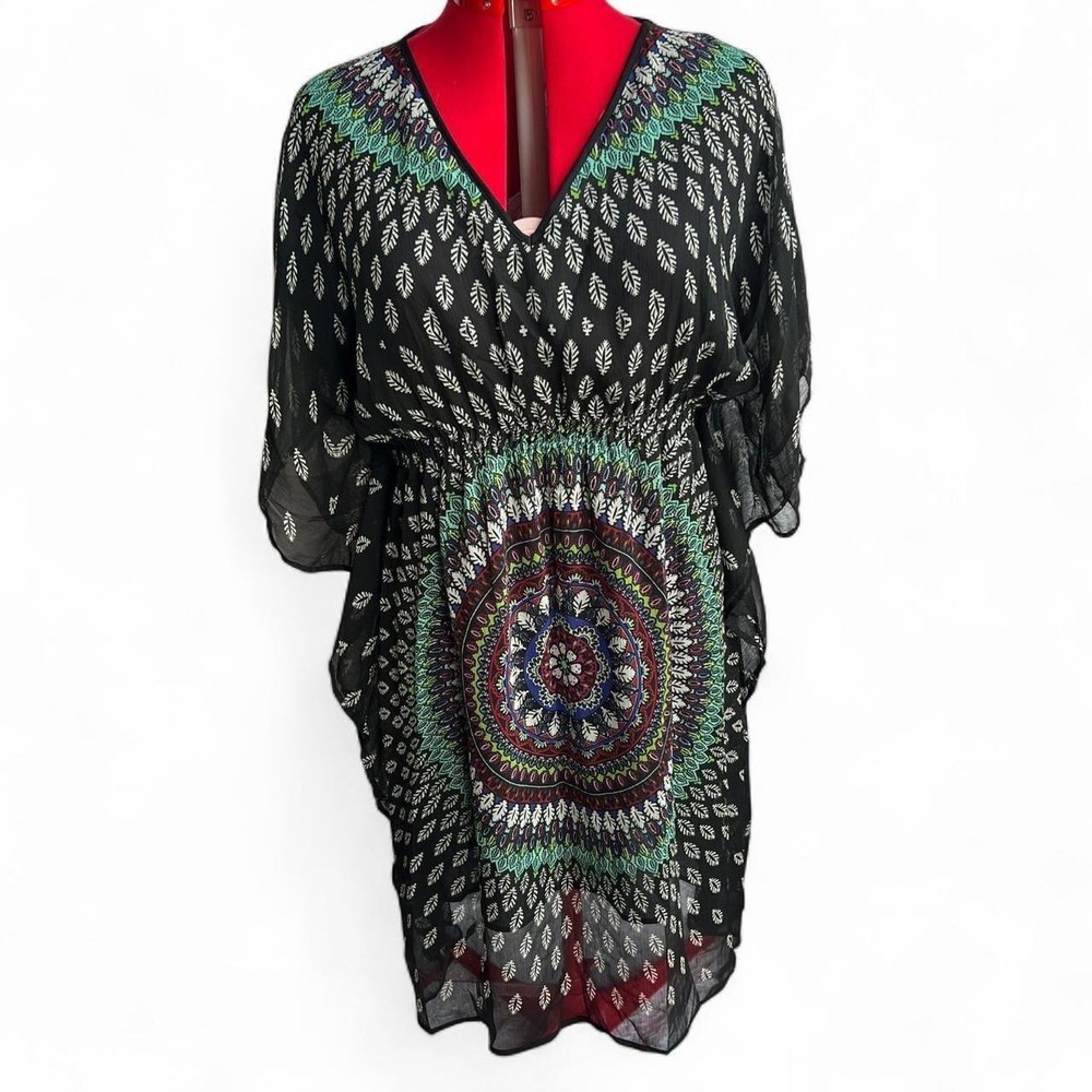 Speed Control Black Multi Pattern V-Neck Swim Coverup Dress 1X